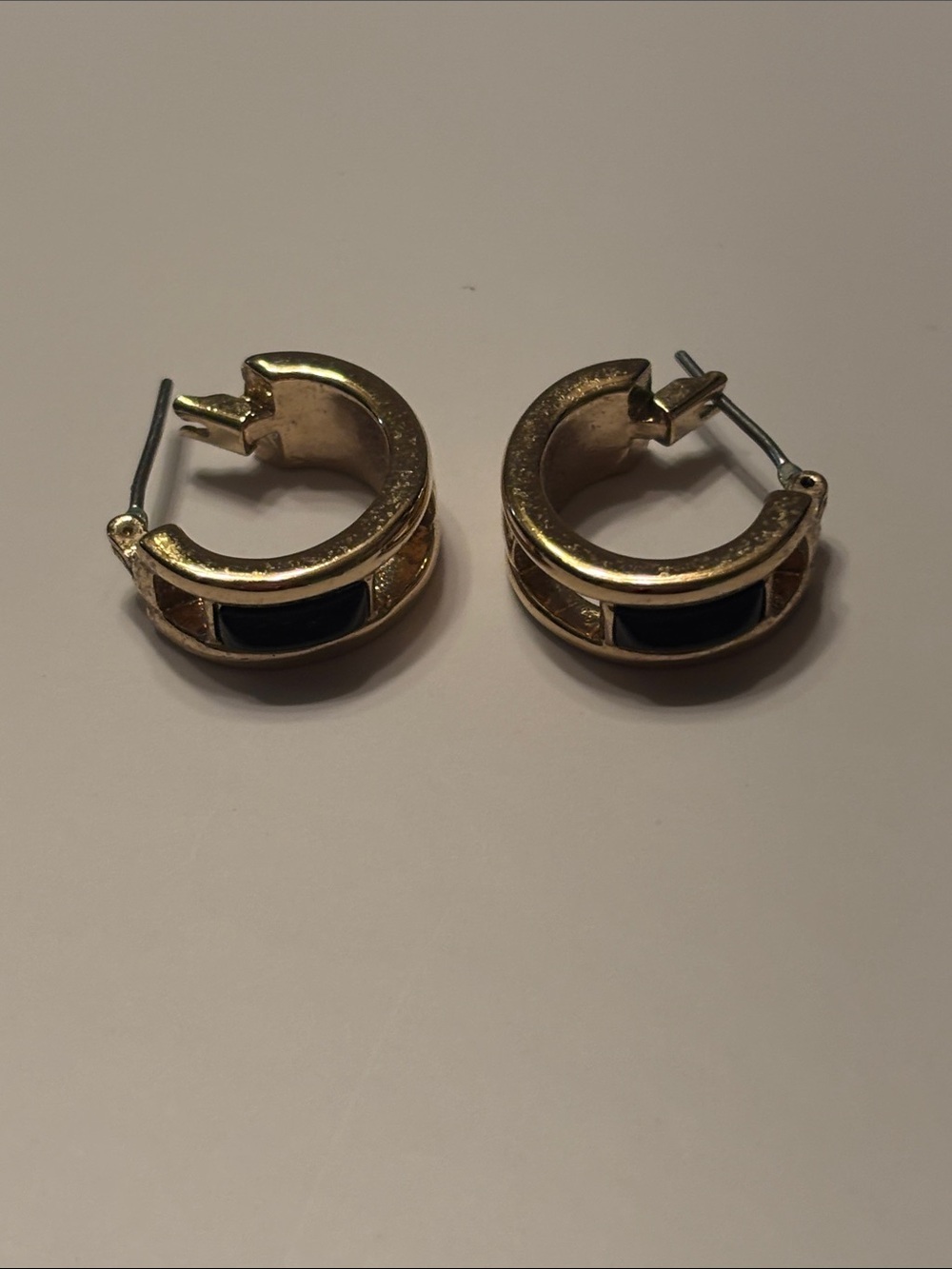 Vintage Monet Black Enamel and Gold Tone Huggie Hoop Earrings